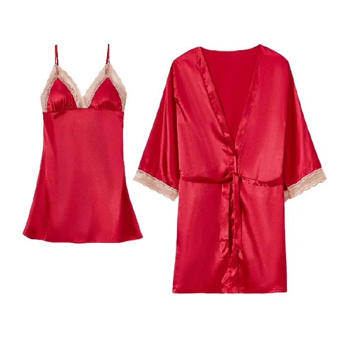 Vestido noturno de cetim para mulheres, robe sexy para mulher com lua de mel e renda vermelha