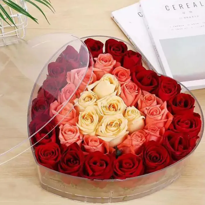 Heart Shape Acrylic Rose Flower Box Makeup Organizer Cosmetic Tools Holder Flower Gift Box With Removable Lid And Inner Part