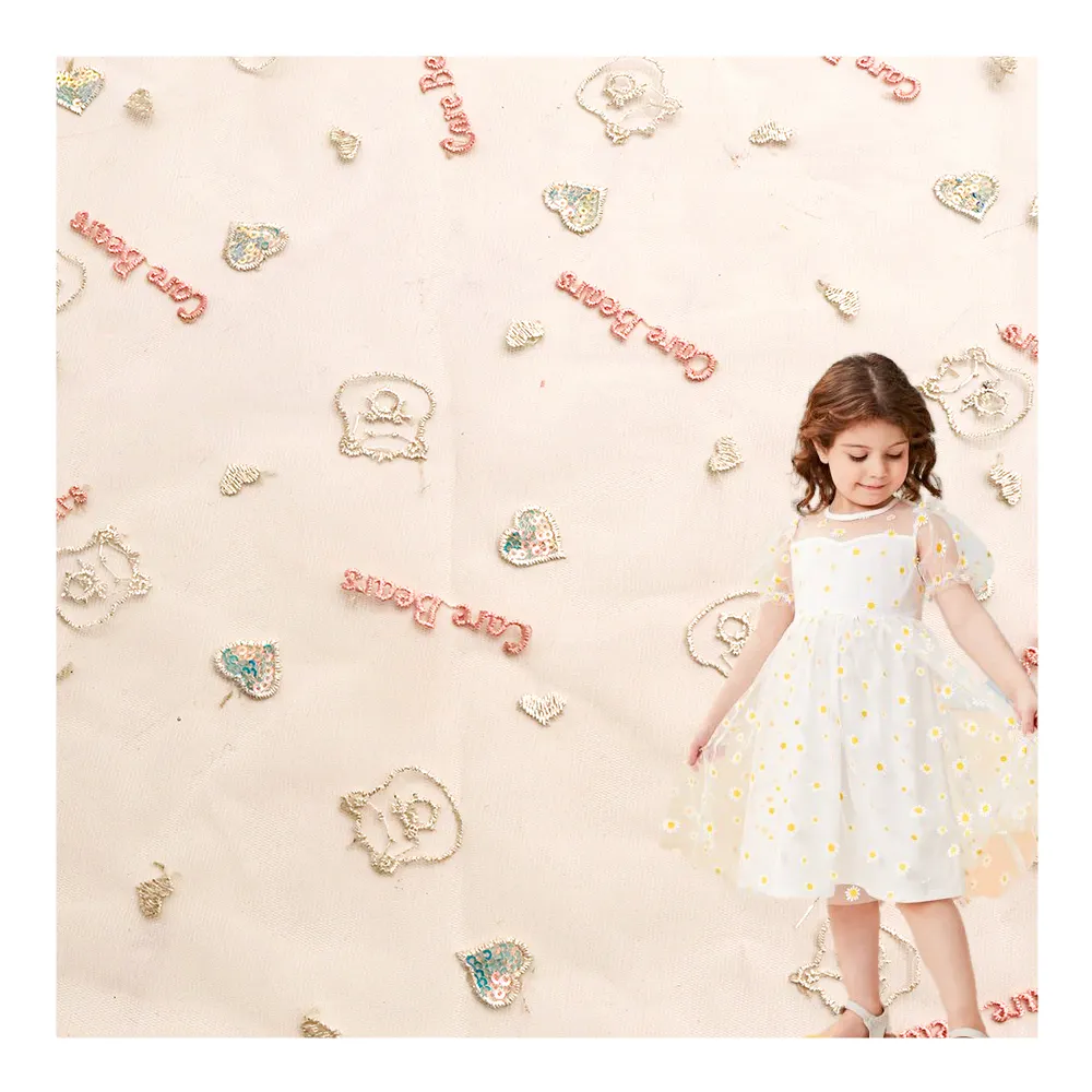 Горячая распродажа полиэфирная сетчатая ткань мультяшный Тюль Вышивка Ткань для детской одежды