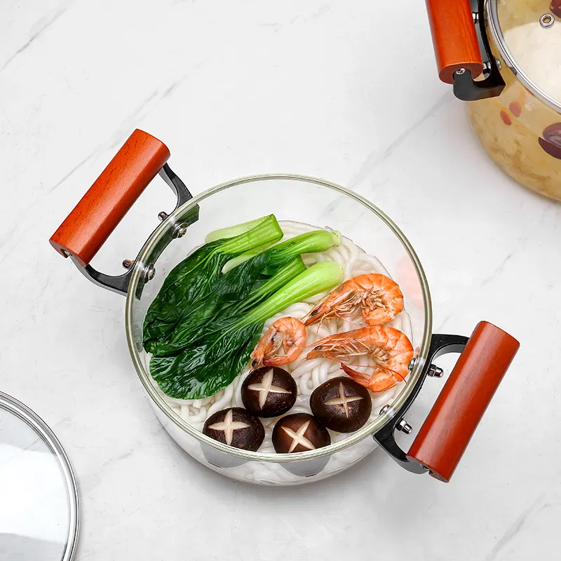 ハンドル付き調理鍋卸売カスタムガラススープポット耐熱ガラス紙箱透明モダンガス炊飯器