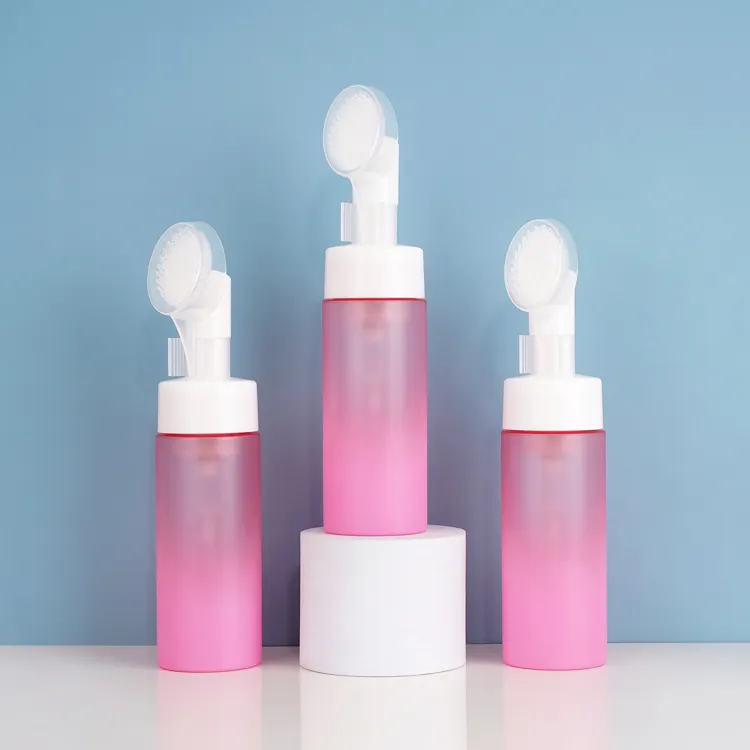 In Stock Cosmetic Packaging Bottle 150ml Pink Foam Bottle With White Cleaning Massage Silicone Brush Pump