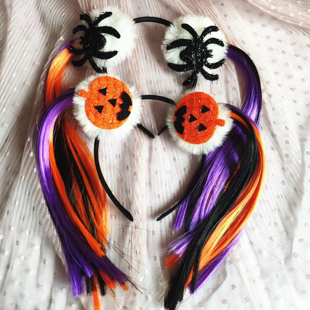 2024 nuevos accesorios divertidos para el cabello de Halloween para niños, diadema de araña de calabaza con Peluca de cola de caballo doble de 25cm