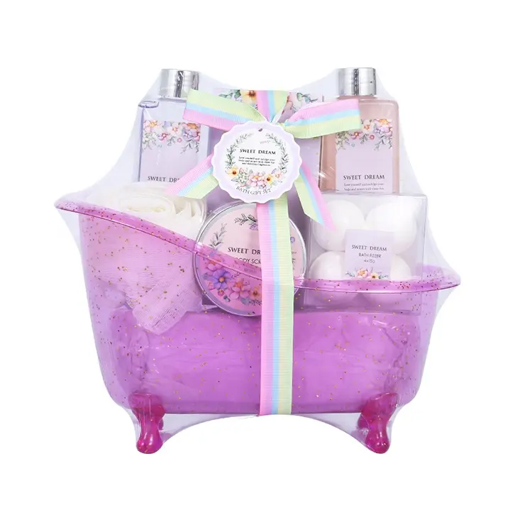 Conjunto de presente de spa para banho de espuma de gel de banho de sal e creme para as mãos com desenho de banheira de plástico