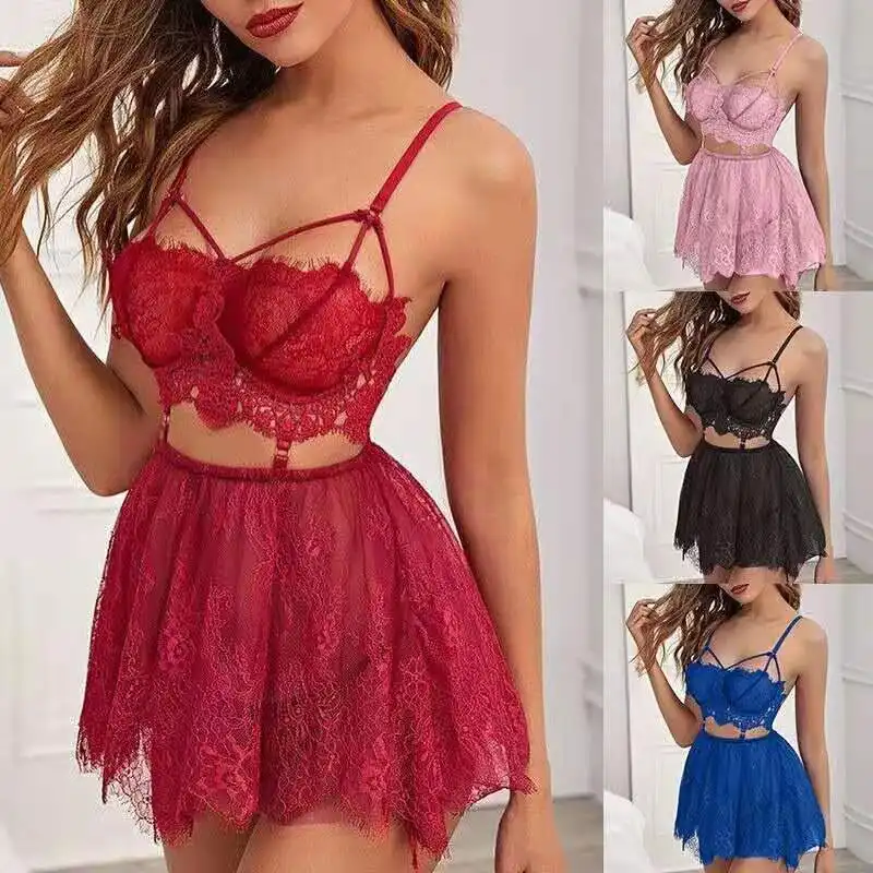 Lencería de encaje con tirantes para mujer, ropa interior Sexy, conjunto de 2 piezas, venta al por mayor