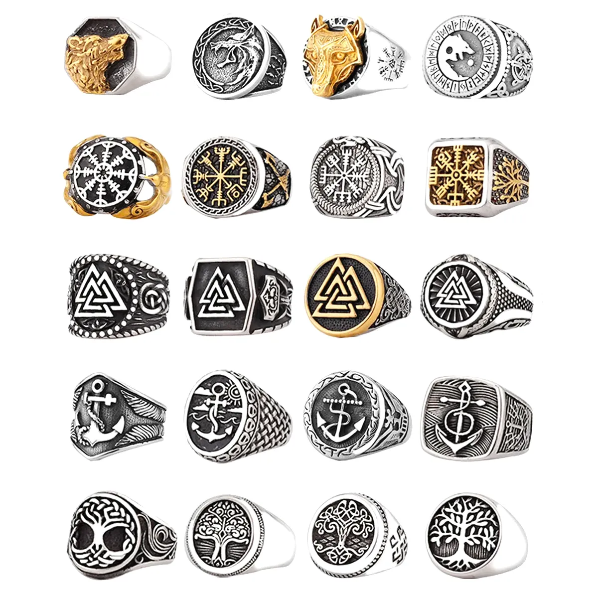 Viking Celtic Rune Ax Compass Árvore da Vida Crânio Lobo Cabeça Odin Amuleto Viking Anel Atacado anéis dos homens jóias de aço inoxidável