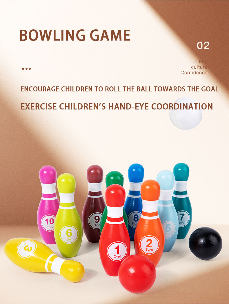 Hot Selling Kid Toy Colorful Wooden Small Bowling Sports Ball Parent-child Interactive Outdoor Games