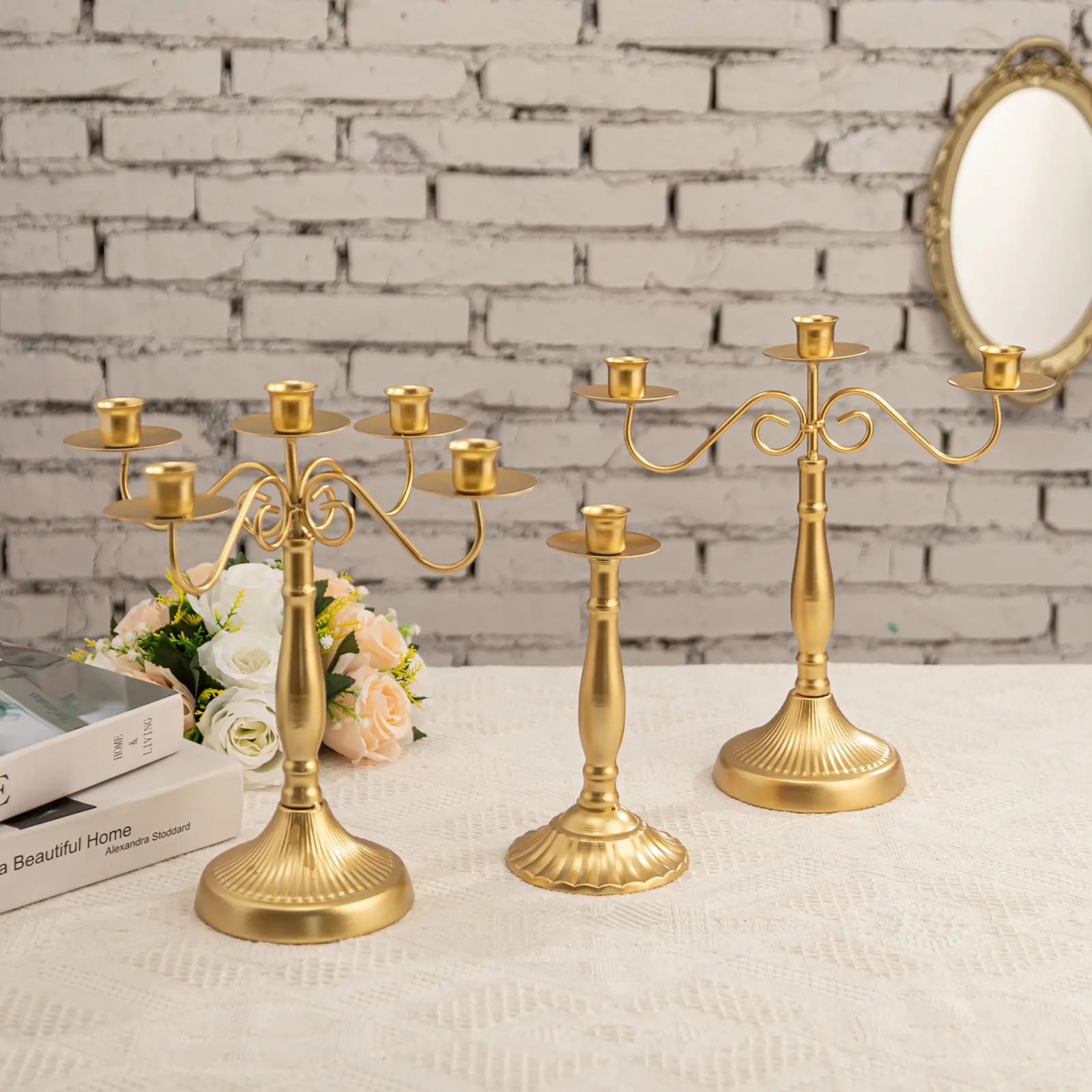 Grands bougeoirs décoratifs pour mariages, 5 branches en métal, porte-bougies doré