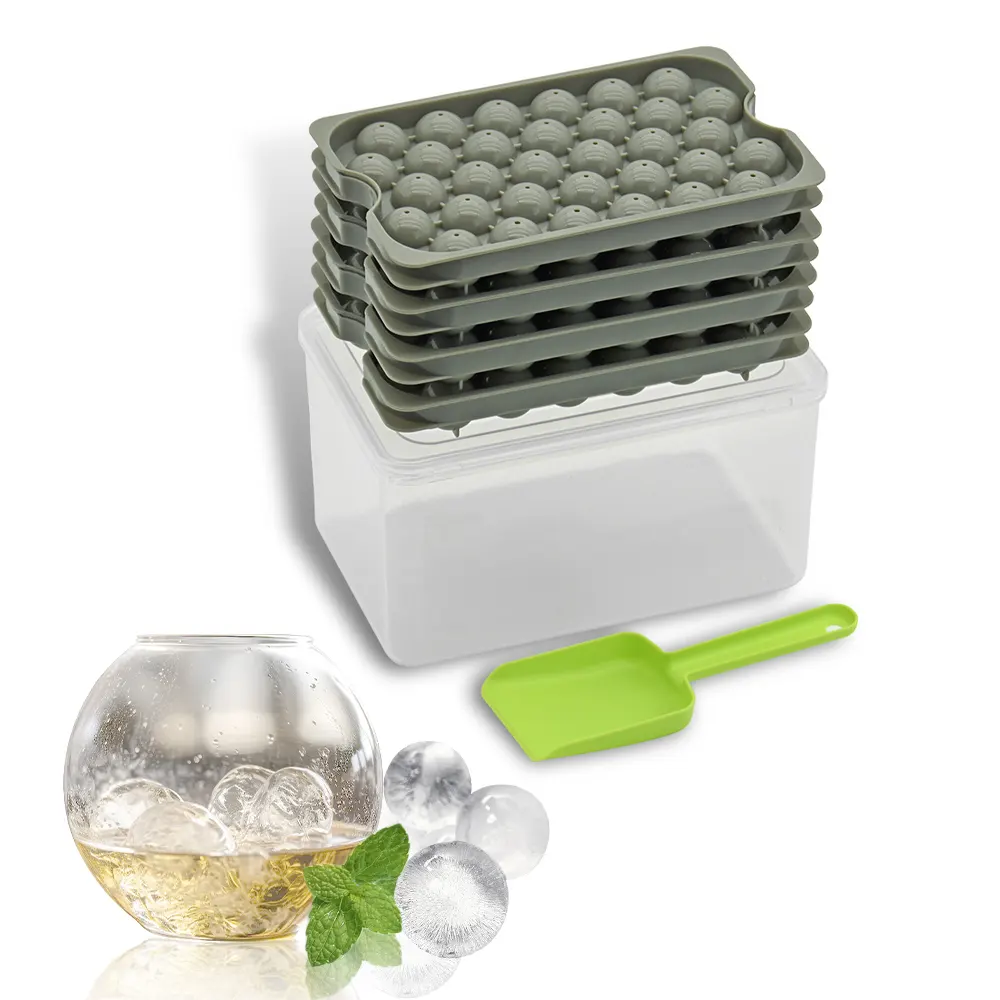 BPA Free Sphere Ice Mold Tray Flexível Whisky Ice Ball Maker Bandeja redonda de cubo de gelo com tampa e caixa