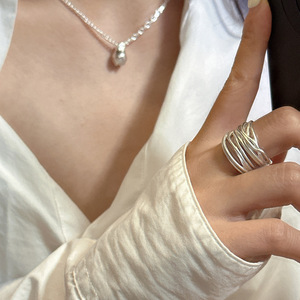 S925 Sterling Silver Wide Open Ring and Japanese <strong>Inspired</strong> Simple Literary Niche Design Chain Link Bracelet - Product Image 4