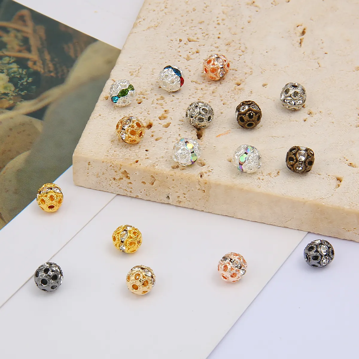 Espaçador de bolas redondas, 6/8mm, metal, banhado, cristais, strass, bolas arredondadas, miçangas soltas para fazer jóias, colar, diy