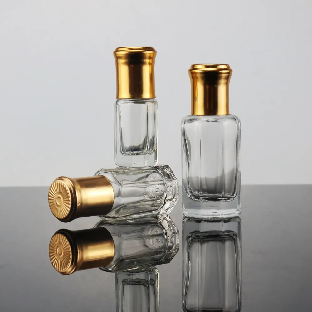 Grossiste 3ml bouteilles de parfum fantaisie octogonales Attar en verre pour huile avec bouchon en aluminium doré