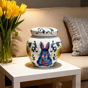 Qianrui màu xanh và trắng Bunny gốm Pet urn Jar Durable 3-năm bảo hành cho memorial trang trí nội thất - Product Image 3