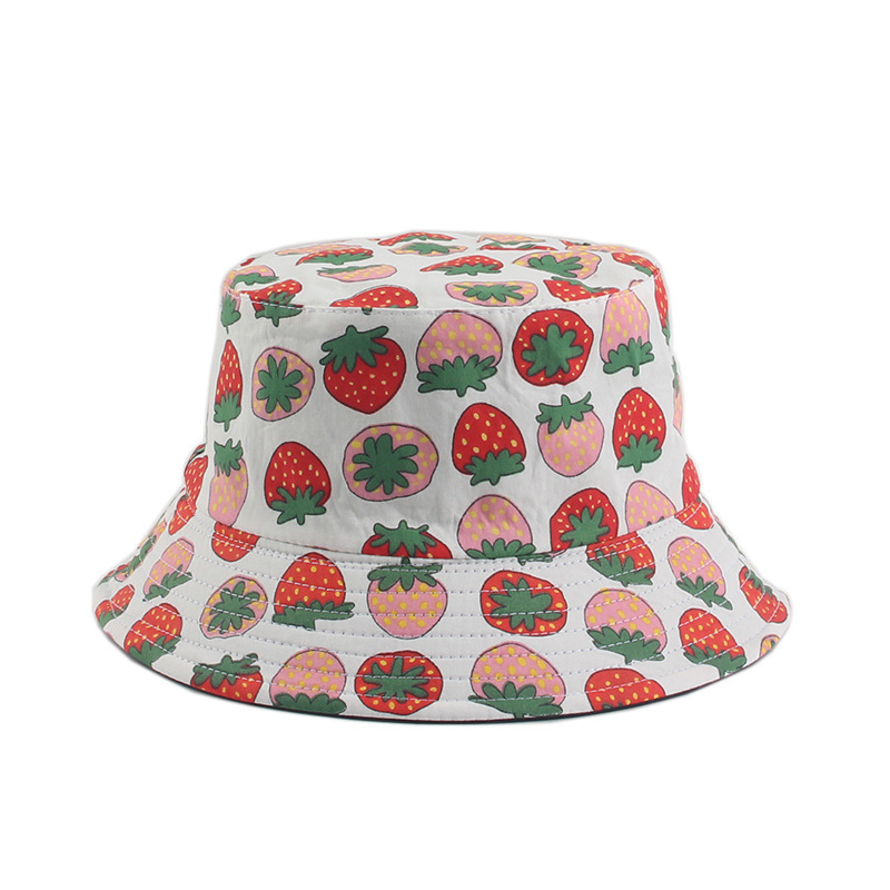 White Large Strawberry Reversible Bucket Hat