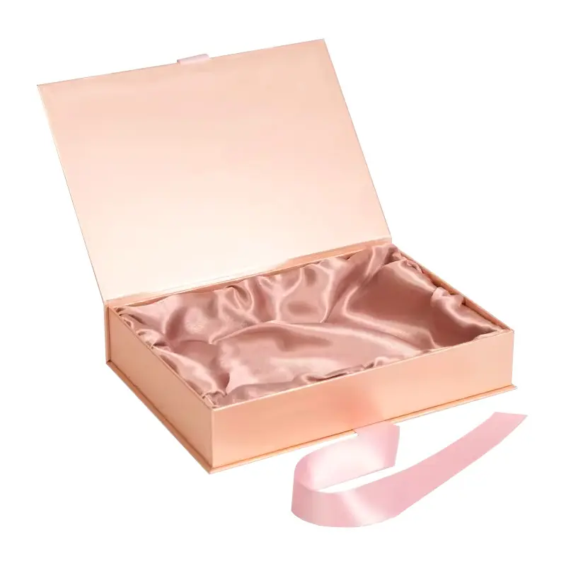 Pretty custom pink foldable gift boxes paper fold with ribbon handle magnet folding box for wig packaging