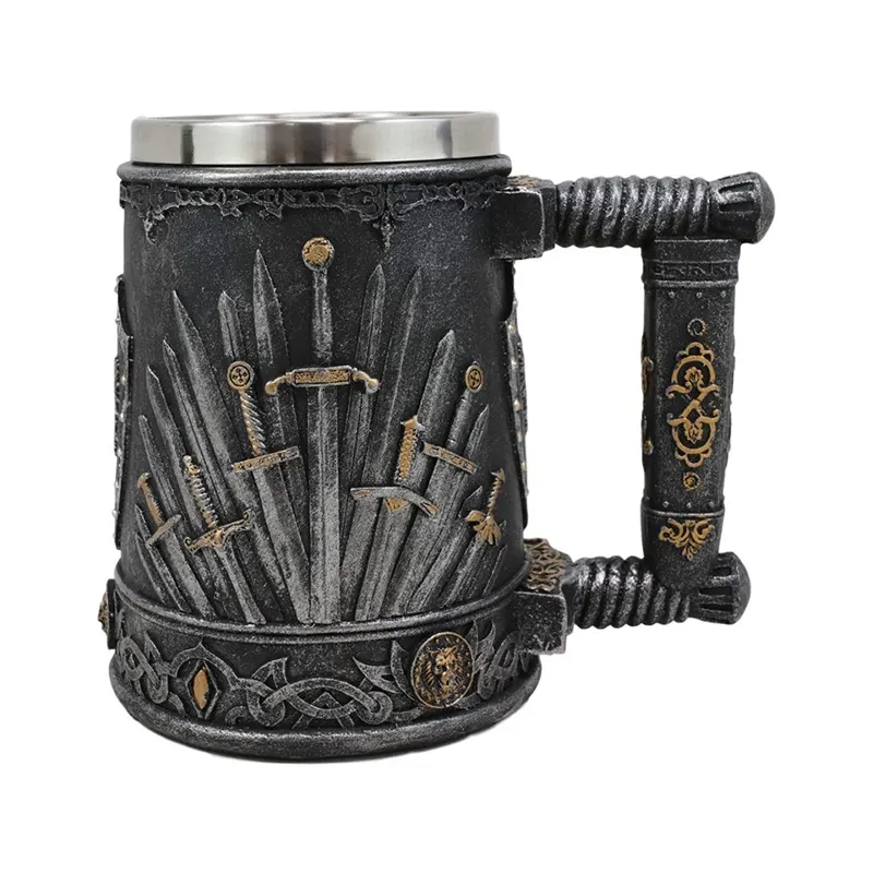 Caneca de presente vintage criativa de aço inoxidável grande copo de água medieval dragão ferro espada escudo escudo tanque de resina caneca de presente vintage criativa