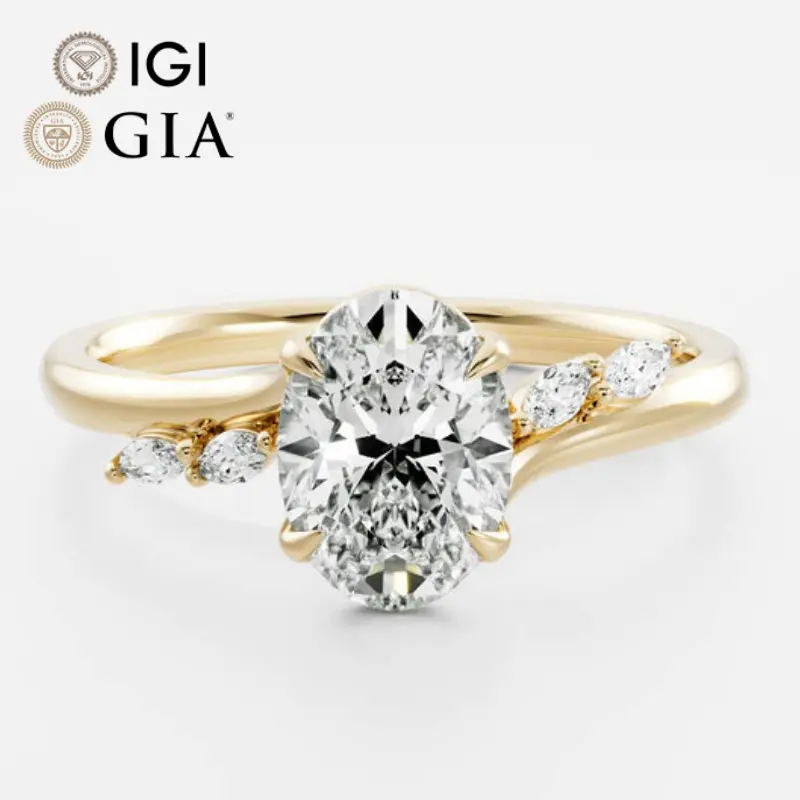 Özel Gia Igi sertifikalı Cvd Lab yetiştirilen oluşturulan elmas gerçek altın Oval kesim nişan yüzüğü kadınlar için 1 2 3 Ct karat 2ct takı