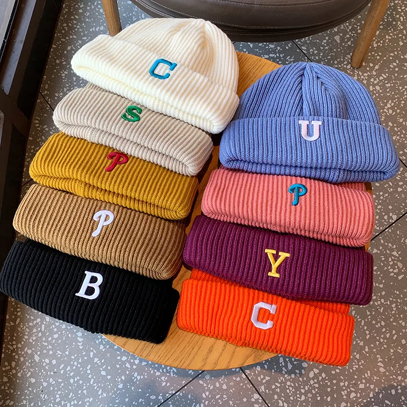 Wholesale Thick Cable Ribbed Embroidery Beanie Knitting Caps Logo Hats Cuffed Custom Embroidered Beanie
