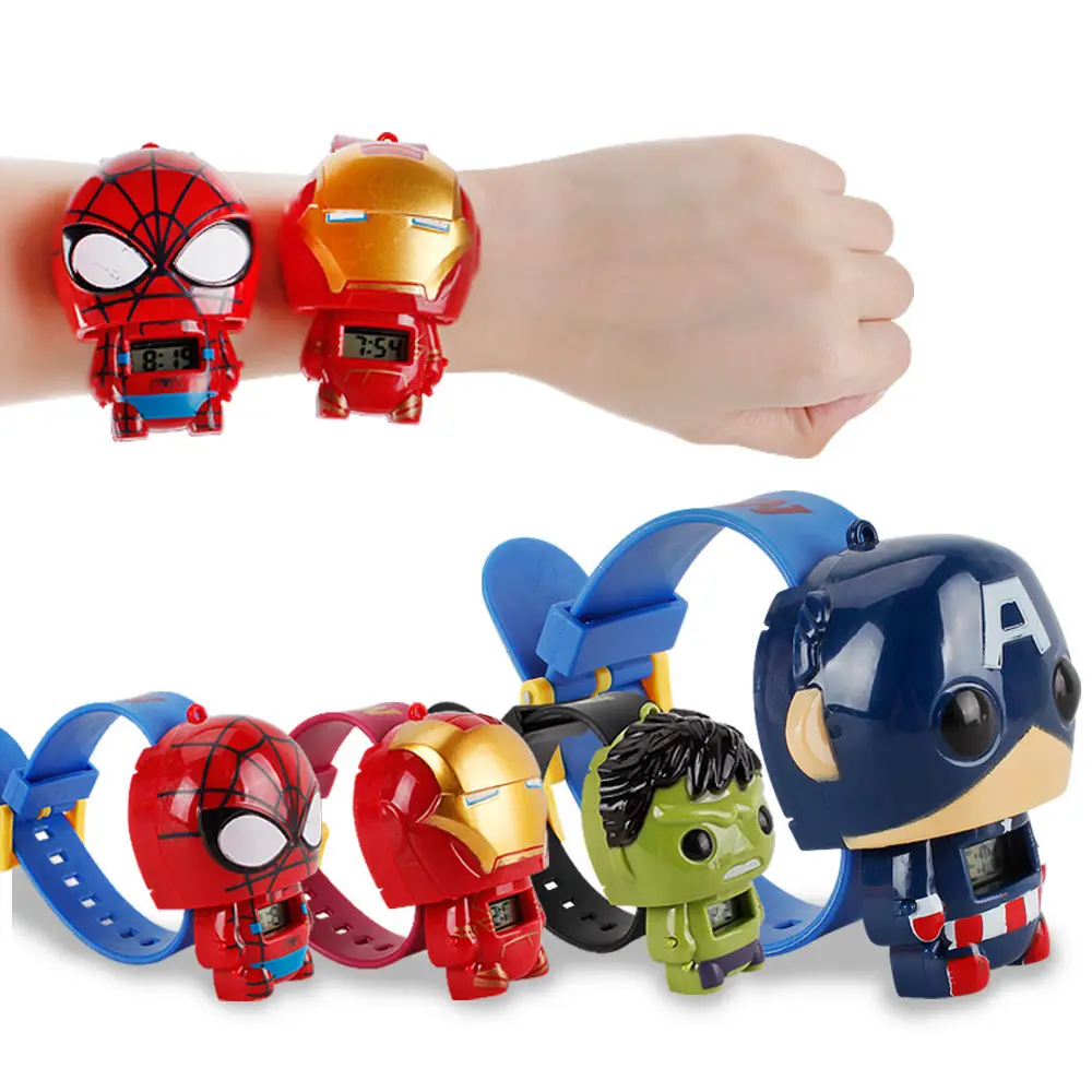 Reloj de deformación telescópica electrónica de dibujos animados para niños, reloj electrónico de anime Iron Man Spider Man, juguete para regalo para niños