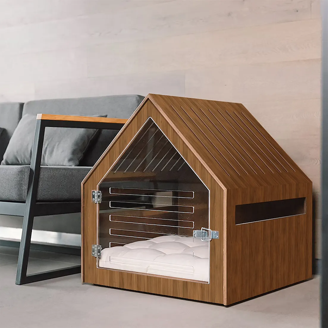 Benutzer definierte moderne Hunde-und Katzen haus mit Acryl tür gebeizt Holz Hundehütte Kiste Möbel Indoor Dog Cat House