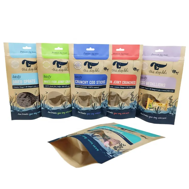 Custom Afdrukken Hersluitbare Kraftpapier Pouch Stand Up Ziplcok Plastic Verpakking Zakken Voor Pet Hond Kat Snack Treats