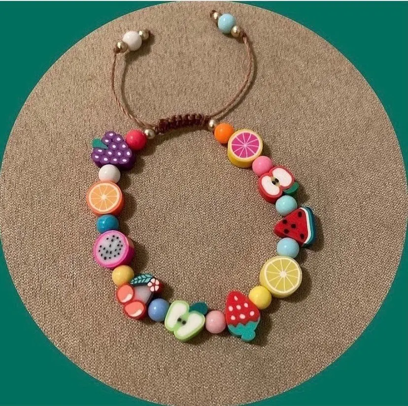 Bracelet tressé en argile polymère pour enfants, bijoux en corde ajustable, breloques de fruits, mauvais œil souriant, visage