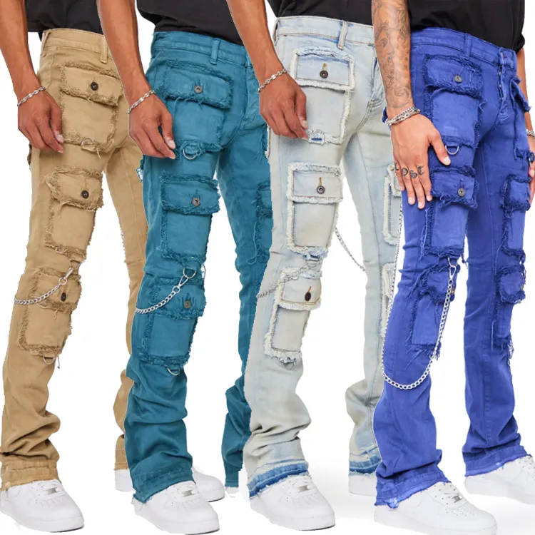 Custom Men Streetwear Denim Trousers Fashion Hip Hop Flare Cargo Pants Stacked Jeans