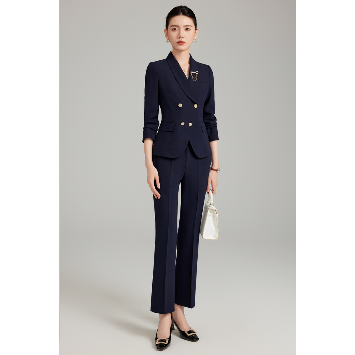 Navy blue suit with slightly flared trousers