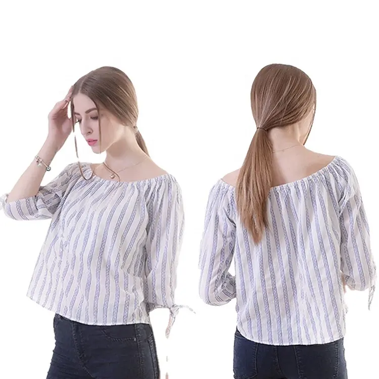 Modern tasarım toptan rayon dikey stripes bayanlar seksi moda 3/4 kollu bluz tasarımlar