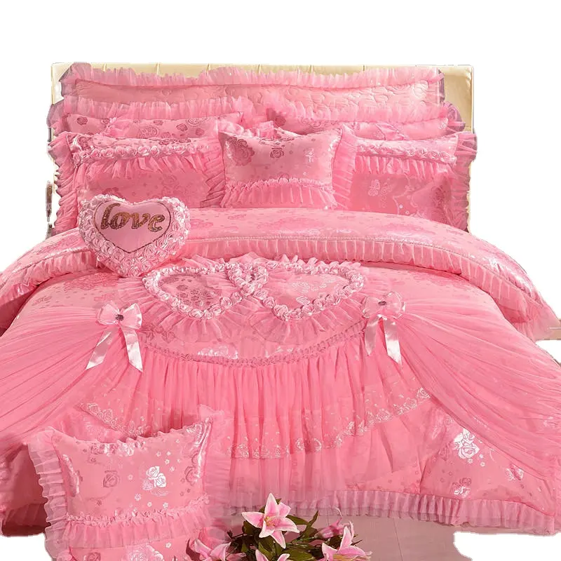 Juego de cama de princesa de encaje Jacquard de algodón de estilo americano, conjunto de funda de edredón de lujo para boda