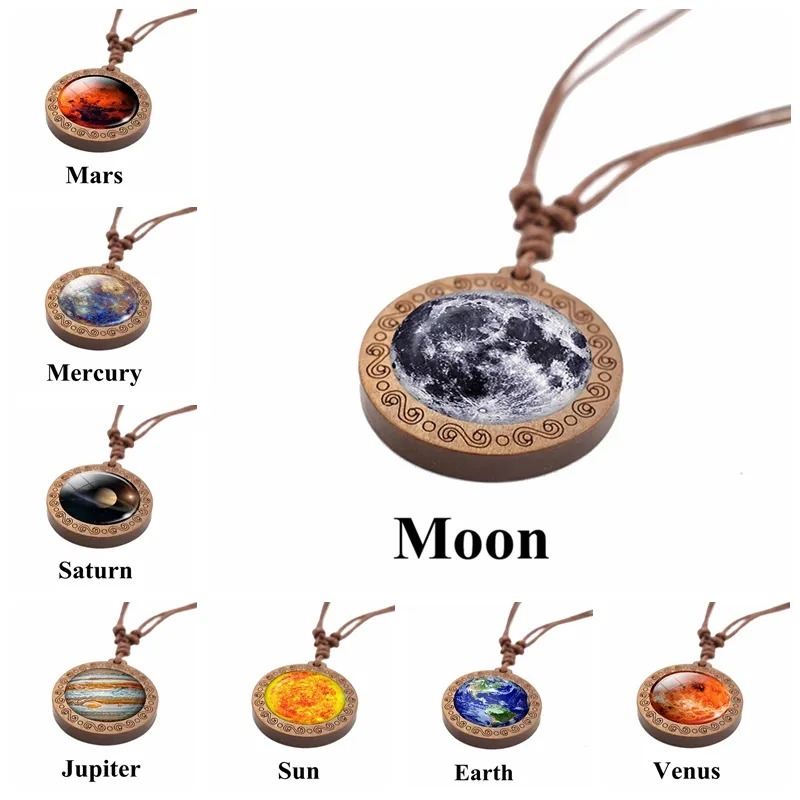 Moon Rope Chain Necklace Glass Cabochon Wooden Pendant Solar System Earth Mars Saturn Jupiter Planet Necklace Jewelry