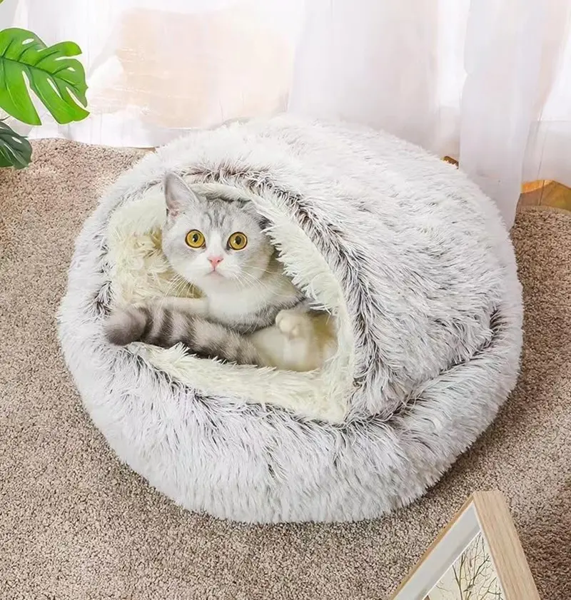 Venta al por mayor cama para mascotas suave de lujo felpa mascota cojín redondo gato perro cama muebles para mascotas