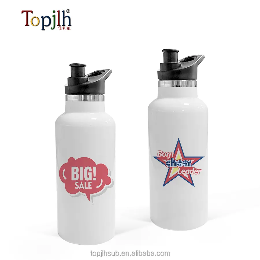 Botella de agua deportiva de acero inoxidable Topjlh para exterior con sublimación de labios de paja en blanco termo al vacío impreso personalizado