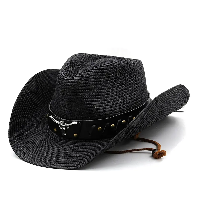 Cappello da cowboy in paglia nera occidentale personalizzata per spiaggia estiva all'ingrosso