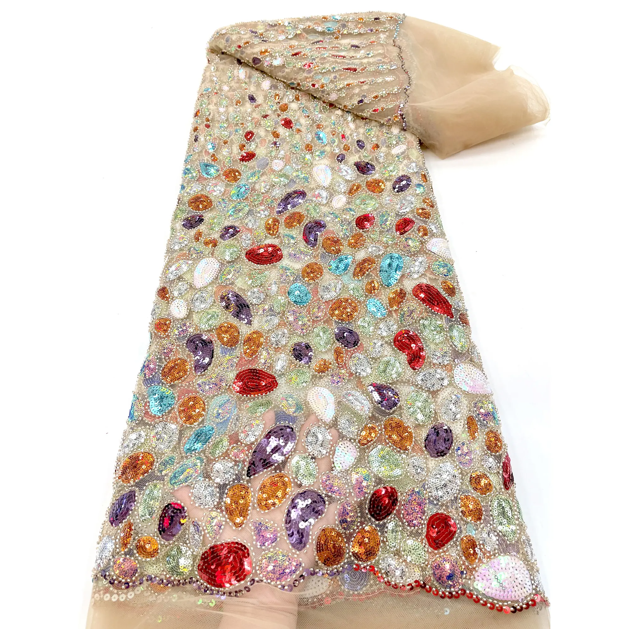 Alta couture lantejoulas cheias coloridas, bordados com miçangas nude tecido fantasia