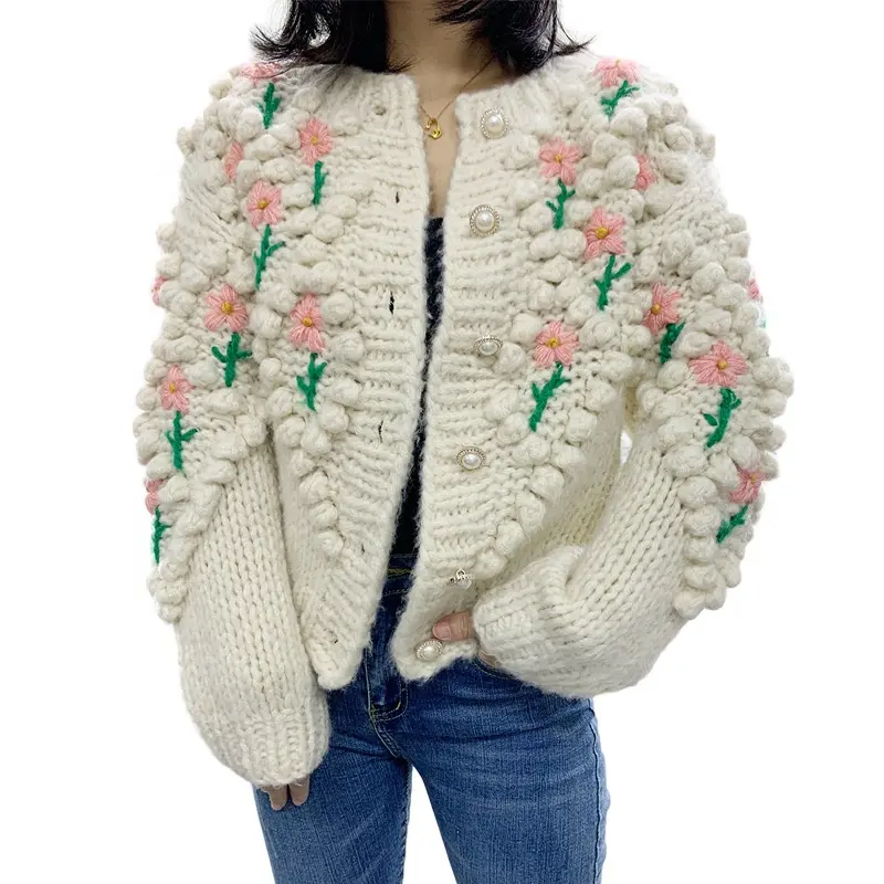 Hand knitted Mohair cardigan autumn winter 2023 sweater factory hand embroidered sweater