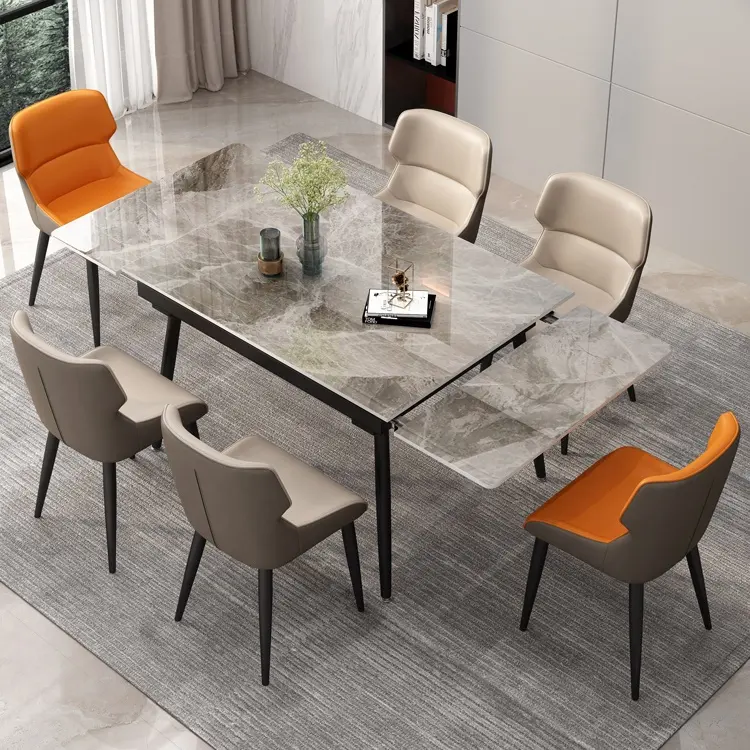 Mesa de comedor de mármol extensible de pizarra italiana de lujo moderna, juego de mesa de comedor y silla plegable, sillas de mesa de restaurante rectangulares