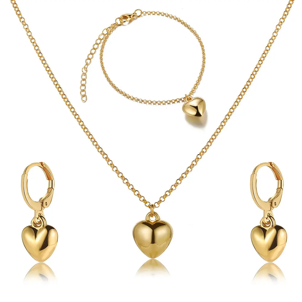 Wholesale New Fashion Gold Filled Heart Shape Hollow Pendant Necklace Bracelet Clip On Hoop Earrings Jewelry Sets For Women