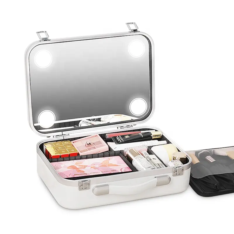 Station de maquillage Portable, étui de rangement de maquillage de voyage avec boîte de maquillage de beauté légère avec miroir led