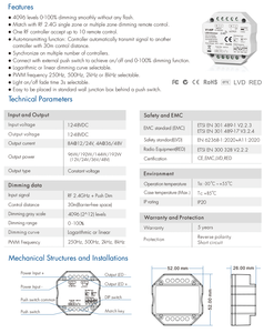 V1-H/P 12-48VDC 1-Channel 4 <strong>PWM</strong> Frequency LED <strong>Controller</strong> 2.4G RF Wireless Push Dimmer 8A Socket Dimmer - Product Image 3