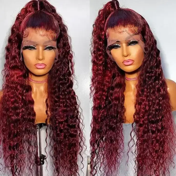 2024 Hot Selling Colored Wig Curly Human Hair Wigs Water Wave 250 Density 16 24 Inch 99j Color Pre Plucked Burgundy Lace Wig