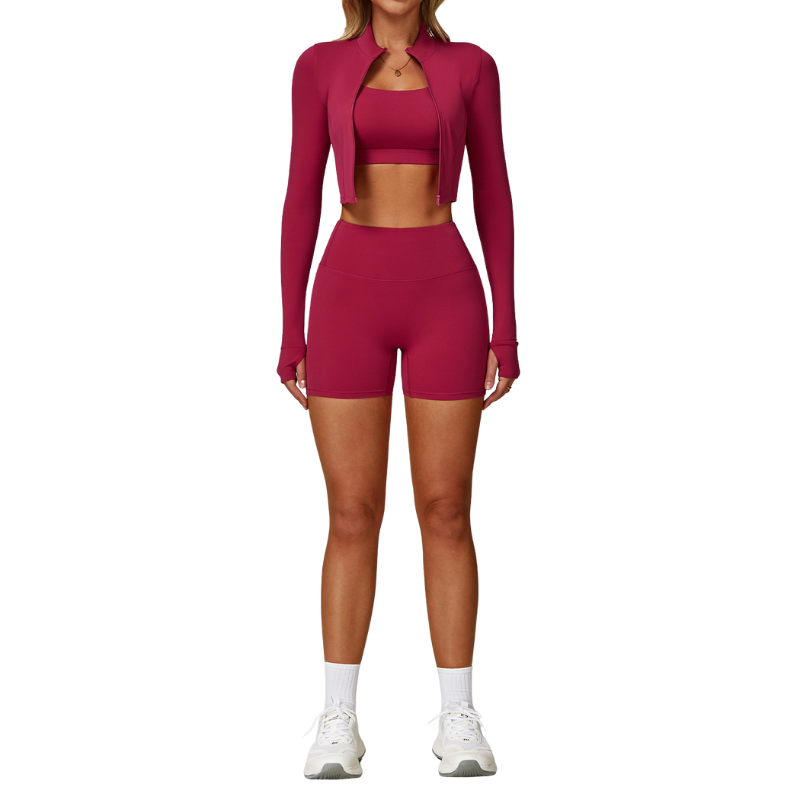 เสื้อ+บรา+กางเกงขาสั้นสีแดงกุหลาบ