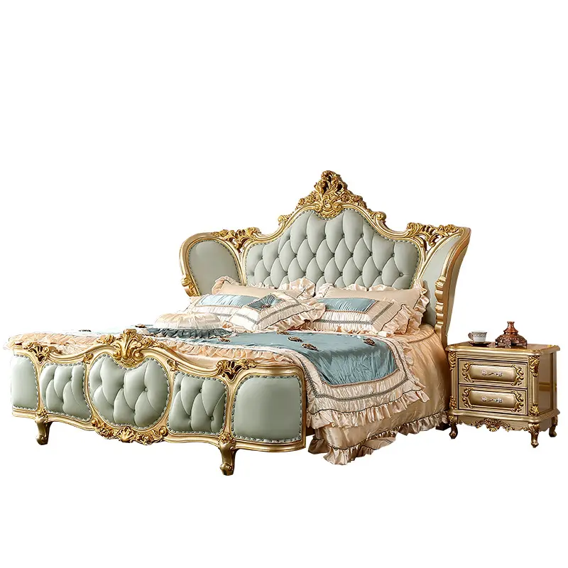Camas tamaño King de estilo europeo, muebles de dormitorio de lujo elegantes franceses reales tallados, juegos de dormitorio de madera maciza de alta calidad
