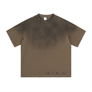 カスタムロゴヴィンテージメンズ250GSM 100% コットンTシャツ特大レトロハイストリートリラックスフィット穴リッピングディストストシャツTシャツ