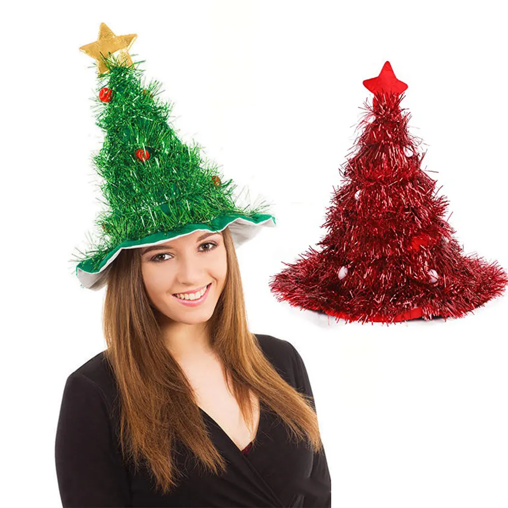 Sombrero de árbol de Papá Noel loco con oropel Sombreros de paja verdes de Navidad iluminados divertidos