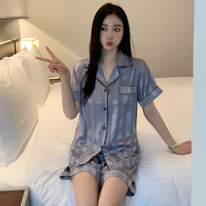 热销时尚缎面女式睡衣新款提花冰丝薄款春秋短袖家居服套装