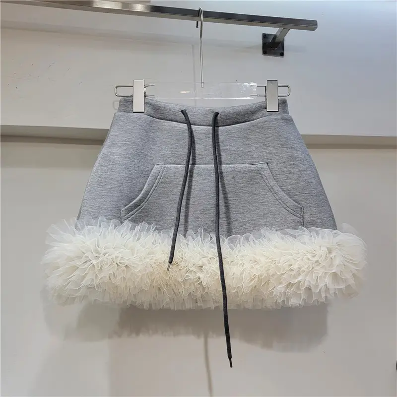 Spring New Fashionable Cute Mini Skirt Women's Gray Sweater Fabric Lace Short Skirt Female Slimming A Line Skirt