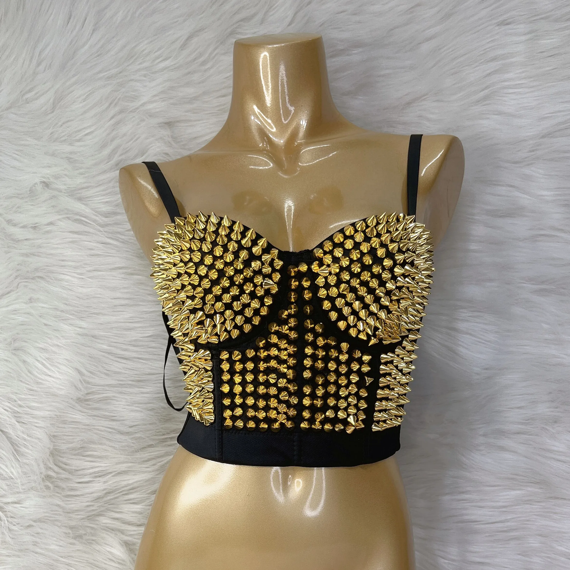 Top Sutiã das mulheres Sexy Do Punk Rebite de Ouro Impressionante Studded Burlesque Dança Clubwear Corpo Shapewear Cincher Bustier do Espartilho