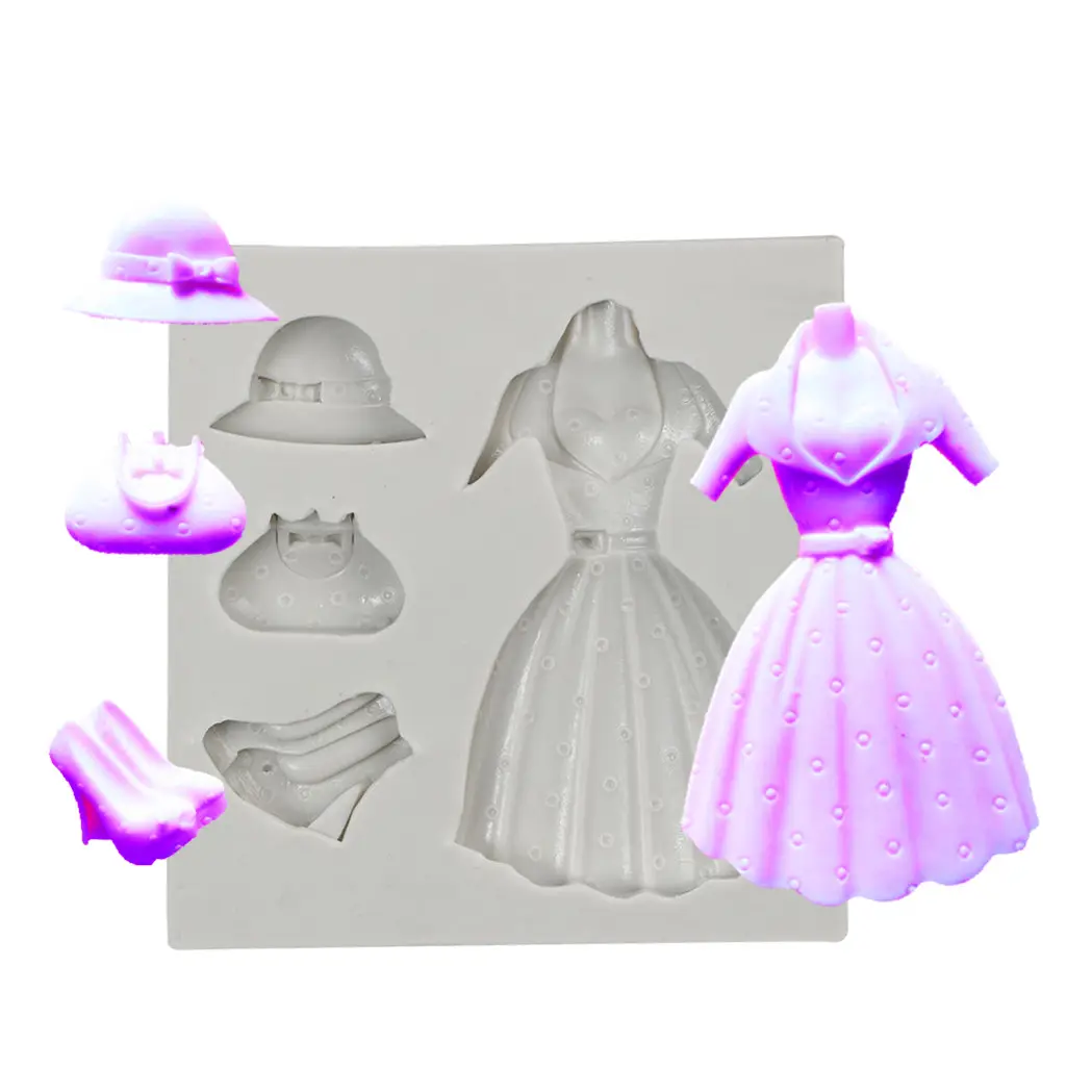 Rectángulo 4 piezas 3D agradable señoras vestido falda bolsos tacones altos sombrero DIY molde de silicona