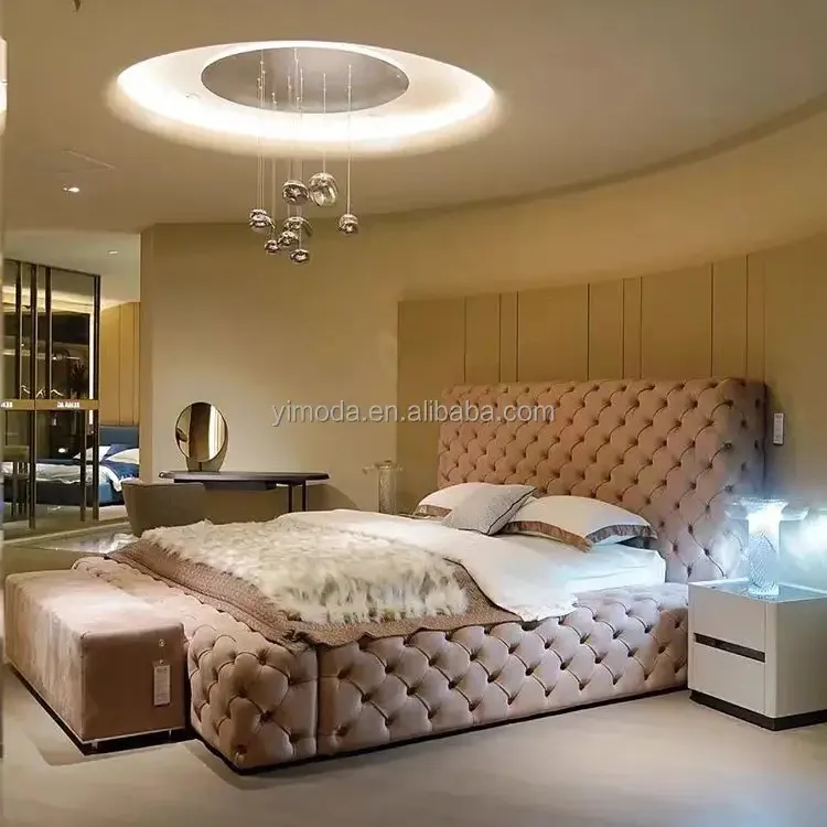 Современный дизайн для спальни розовая обивка размера «king-Queen-Size», бархатная кровать с тафтафтовыми санями Честерфилд