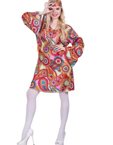 Vestido étnico das mulheres dos anos 60's 70's fantasia de hippies para festa de Halloween Carnaval vestido hippies para meninas fantasia de palco
